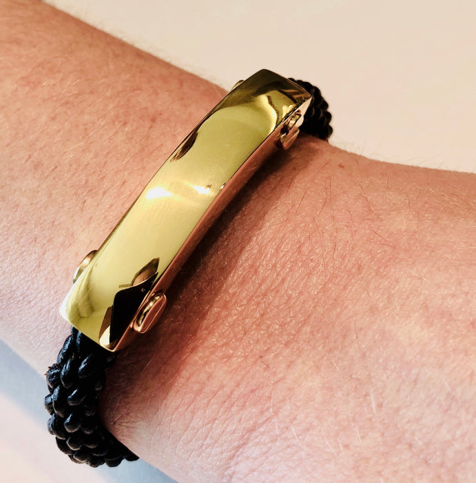 mens brown leather bracelet with gold accents