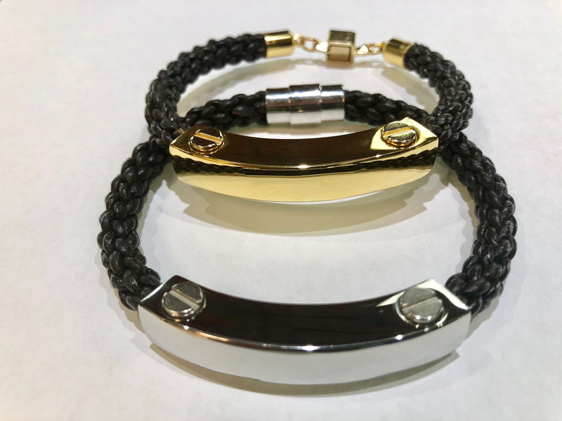 Mens Metal and Leather ID Bracelet SILVER