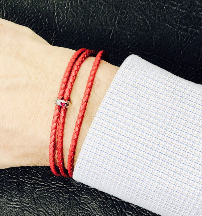 Mens Red Leather Cord Bracelet 3 strand