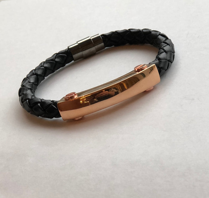 Mens Metal and Leather ID Bracelet ROSE GOLD